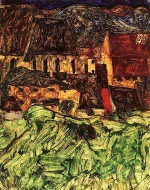 Egon Schiele - Meadow, Church and Houses