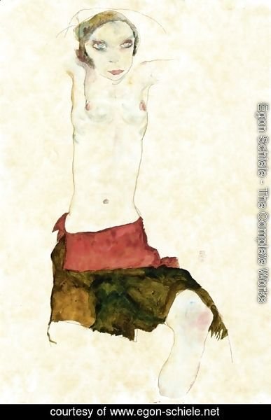 Egon Schiele - Semi-Nude with Colored skirt and Raised Arms