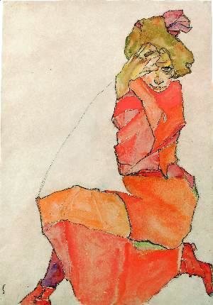 Egon Schiele - Kneeling Girl in Orange-Red Dress
