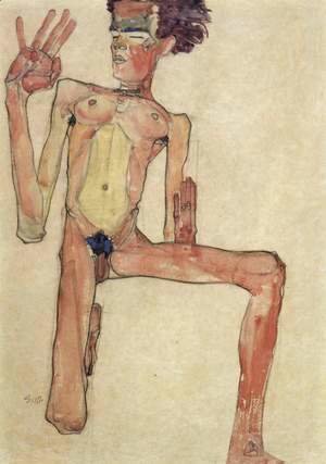 Egon Schiele - Kneeling act, selfportrait