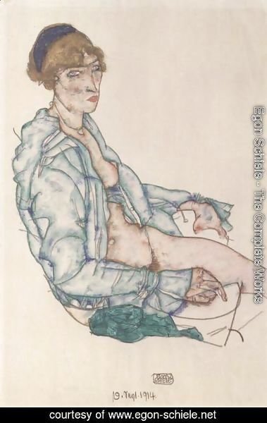 Egon Schiele - Sitting woman with blue hair ribbon