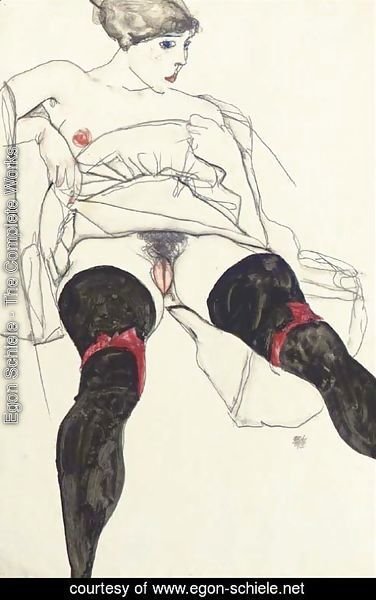 Egon Schiele - Liegender Akt mit schwarzen Strutmpfen