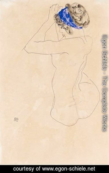 Egon Schiele - Sitzender Weiblicher Akt Mit Blauem Kopfband, Die Hande Erhoben (Seated Female Nude With Blue Headband, Hands Raised)