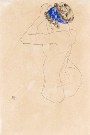 Sitzender Weiblicher Akt Mit Blauem Kopfband, Die Hande Erhoben (Seated Female Nude With Blue Headband, Hands Raised)