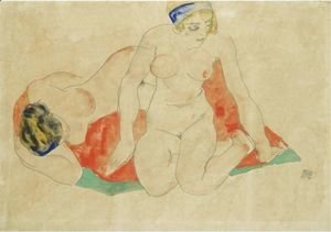 Egon Schiele - Reclining And Seated Female Nudes On A Red And Green Cloth
