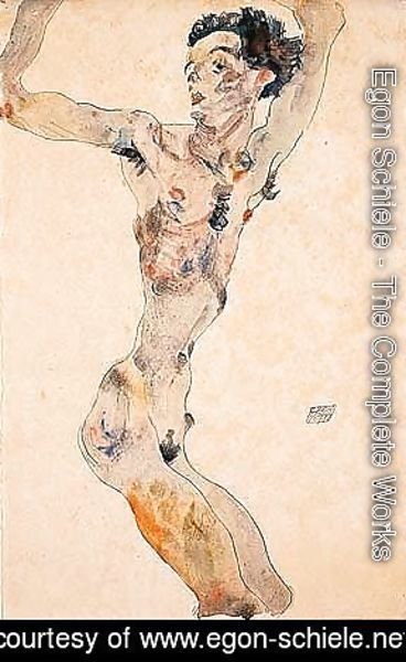 Male nude with raised arms - self-portrait