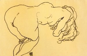Egon Schiele - Long haired nude, bent over forward, jerk view