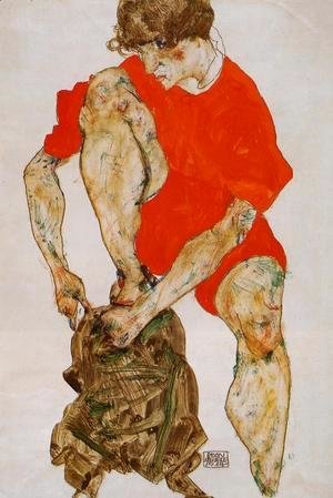 Egon Schiele - Female Model In Bright Red Jacket And Pants