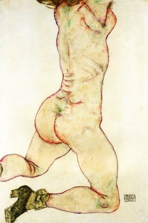 Egon Schiele - Kneeling Female Nude  Back View