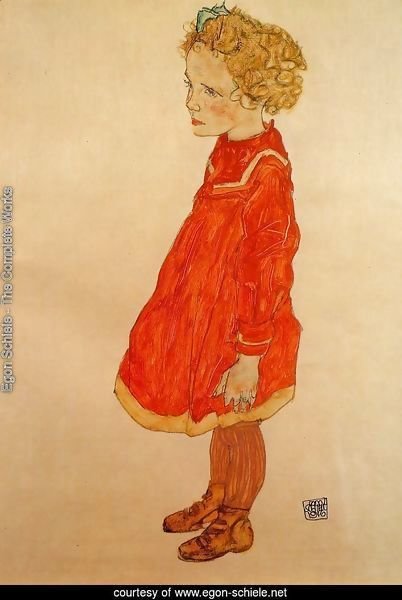 Little Girl With Blond Hair In A Red Dress