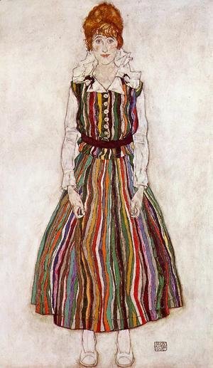 Egon Schiele - Portrait Of Edith Schiele In A Striped Dress
