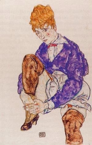Egon Schiele - Portrait Of The Artists Wife Seated  Holding Her Right Leg