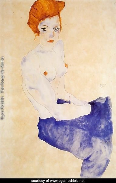 Seated Girl With Bare Torso And Light Blue Skirt
