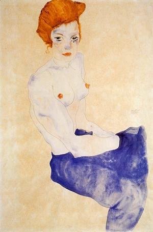Egon Schiele - Seated Girl With Bare Torso And Light Blue Skirt