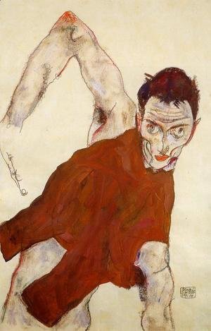 Egon Schiele - Self Portrait In Jerkin With Right Elbow Raised