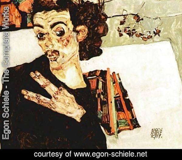 Egon Schiele - Self Portrait With Black Vase And Spread Fingers