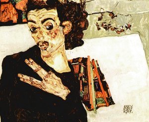 Egon Schiele - Self Portrait With Black Vase And Spread Fingers
