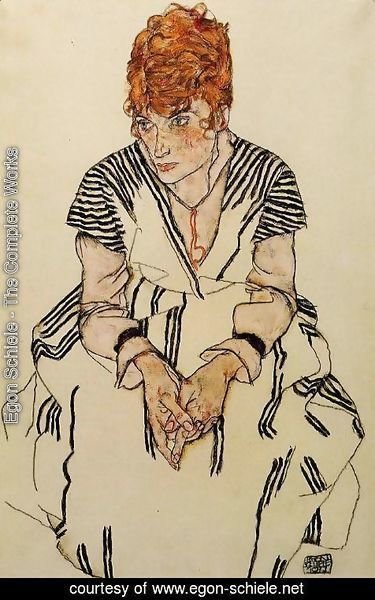 Egon Schiele - The Artists Sister In Law In A Striped Dress  Seated