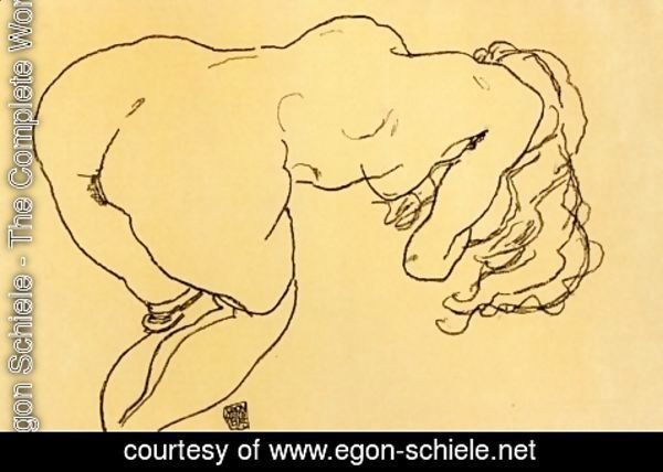 Egon Schiele - Langhaariger Akt, vornubergebeugt, Ruckenansicht