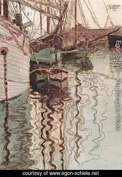 Egon Schiele - Sailing ships in the waves-exciting water (the harbour of Trieste)