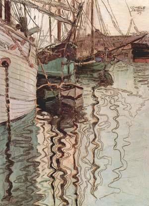 Egon Schiele - Sailing ships in the waves-exciting water (the harbour of Trieste)