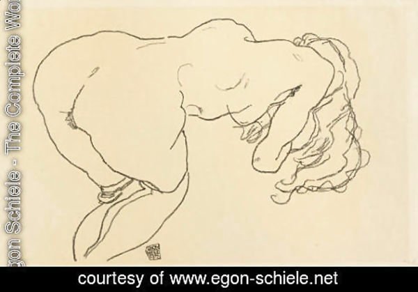 Egon Schiele - Langhaariger Akt, vornutbergebeugt, Rutckenansicht
