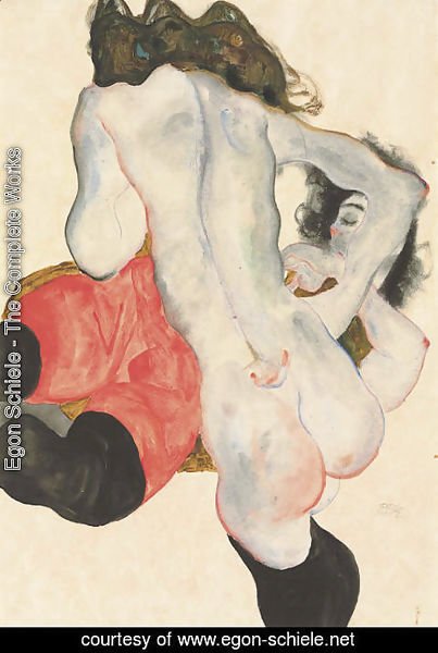 Egon Schiele - Liegende Frau mit roter Hose und stehender weiblicher Akt