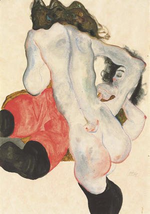 Egon Schiele - Liegende Frau mit roter Hose und stehender weiblicher Akt
