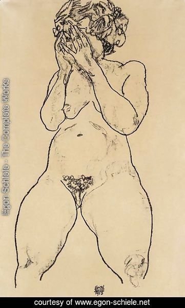 Egon Schiele - Madchenakt en face, Hande vor dem Gesicht