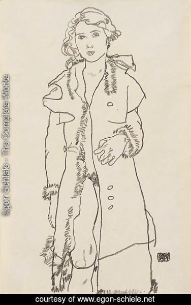 Egon Schiele - Madchenakt mit pelzbesetztem Mantel