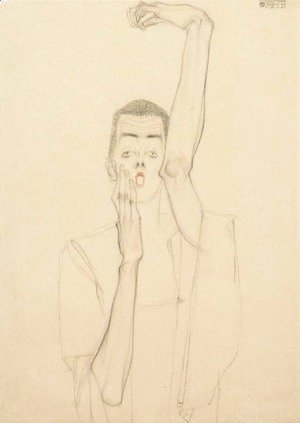 Egon Schiele - Selbstbildnis mit erhobenem linken Arm und rotem Mund