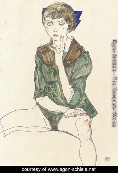 Egon Schiele - Sitzender weiblicher Halbakt in grutner Bluse