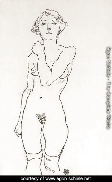 Egon Schiele - Stehende von vorne, mit auf die rechte Schulter gelegtem Arm