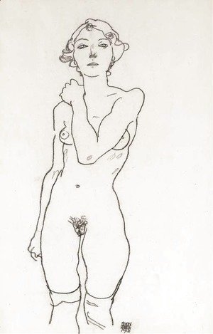 Egon Schiele - Stehende von vorne, mit auf die rechte Schulter gelegtem Arm