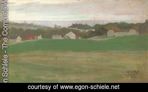 Egon Schiele - Wiese mit Dorf im Hintergrund II