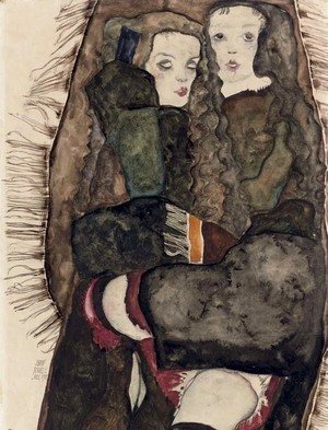 Egon Schiele - Zwei Madchen auf einer Fransendecke