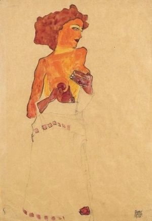 Egon Schiele - Madchen Als Halbakt, Sich Die Bruste Haltend, Nach Rechts Gewandt (Semi-Nude Girl Holding Her Breast, Facing Right)