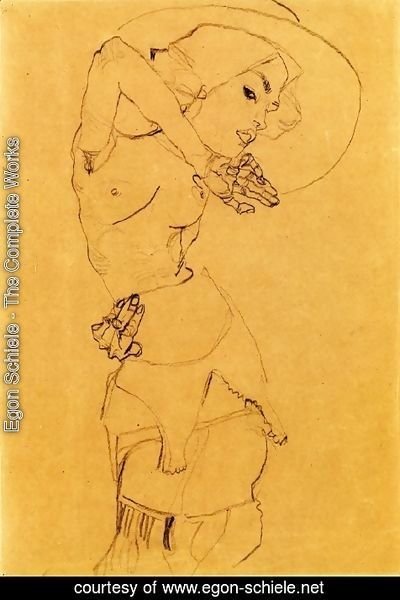 Egon Schiele - Standing Nude With Large Hat (Gertrude Schiele)