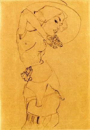 Egon Schiele - Standing Nude With Large Hat (Gertrude Schiele)