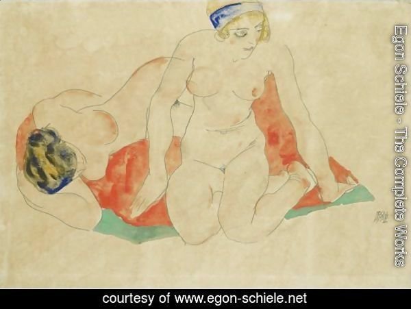 Reclining And Seated Female Nudes On A Red And Green Cloth