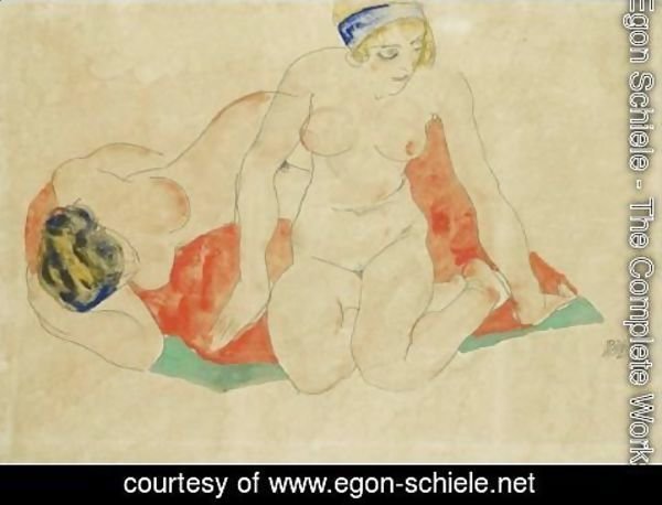 Egon Schiele - Reclining And Seated Female Nudes On A Red And Green Cloth
