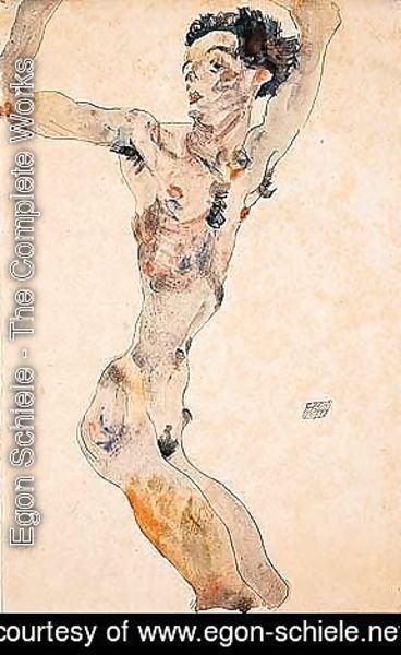 Egon Schiele - Male nude with raised arms - self-portrait