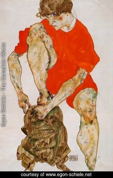 Egon Schiele - Female Model In Bright Red Jacket And Pants