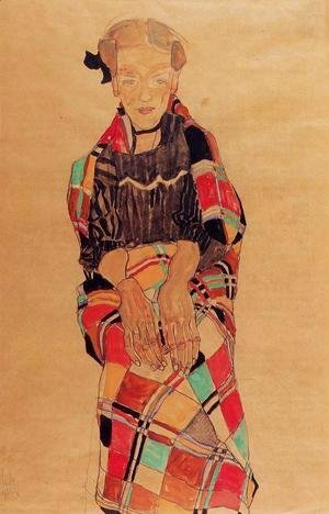 Egon Schiele - Girl In Black Pinafore  Wrapped In Plaid Blanket