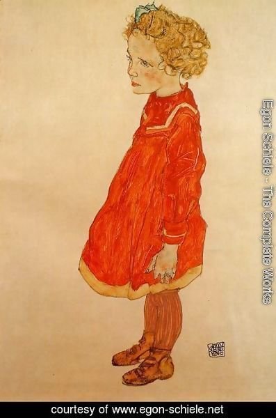 Egon Schiele - Little Girl With Blond Hair In A Red Dress