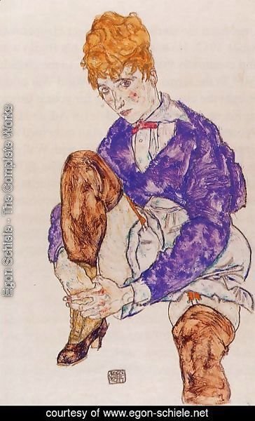 Egon Schiele - Portrait Of The Artists Wife Seated  Holding Her Right Leg