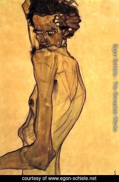 Egon Schiele - Self Portrait With Arm Twisting Above Head
