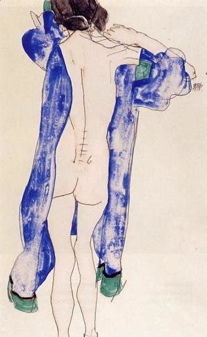 Egon Schiele - Standing Female Nude In A Blue Robe