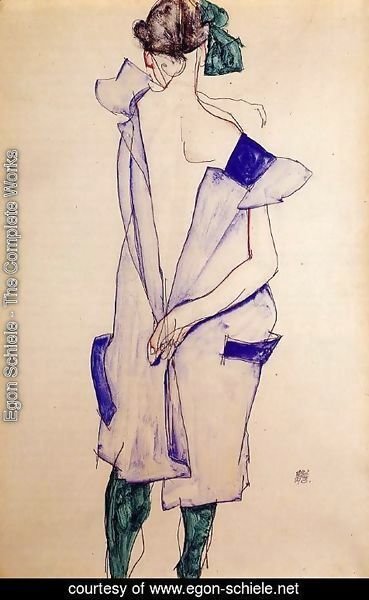Egon Schiele - Standing Girl In A Blue Dress And Green Stockings  Back View