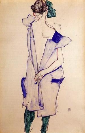 Egon Schiele - Standing Girl In A Blue Dress And Green Stockings  Back View